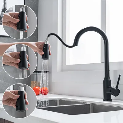 Produktbild von Küchenarmatur 40 cm ausziehbar, 3-Tasten 2 Modi, 360° drehbar, Edelstahl Küchenarmatur Waschtischarmatur Wasserhah Spültischarmaturen Schwarz