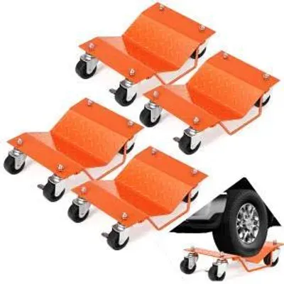 Obrázek produktu pro Auto Raddolly – Sada 4 kusů pomocných vozíků pro manipulaci – nosnost 2722 kg – s brzdou – těžký vozík – pro automobily, nákladní vozy, přívěsy, motocykly, lodě – oranžová barva