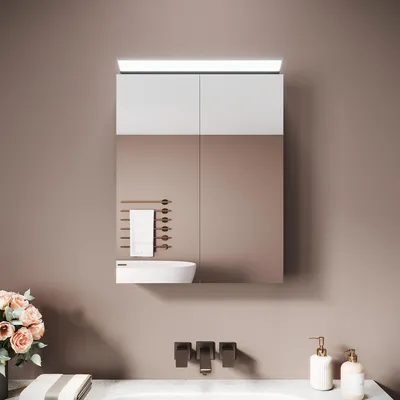 Zdjęcie produktu dla Dwudrzwiowa szafka z lustrem ze stali nierdzewnej Sonni 52 x 65 x 12 cm srebrno-biała Z lustrzanym oświetleniem Łatwa do czyszczenia