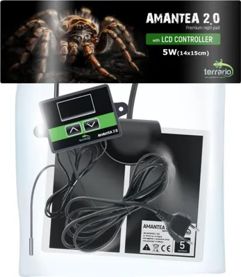 A reptile heating pad with an LCD controller and a power cord, displayed on a white background.