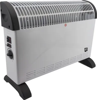 A white and black electric convector heater with turbo fan, shown from a three-quarter angle on a white background.