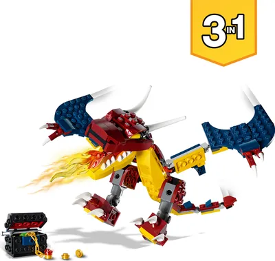 Produktbild von LEGO 31102 Creator 3in1 Feuerdrache - Säbelzahntiger - Skorpion, Spielzeug mit Drachen und exotischen Tieren für Mädchen und Jungen ab 7 Jahre