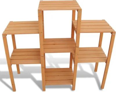 A wooden plant stand with multiple shelves.