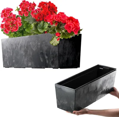 Produktbild von Wetterfeste Rechteckige Blumenkiste mit Einsatzstück für Balkon und Garten - Schwarz Betonmuster