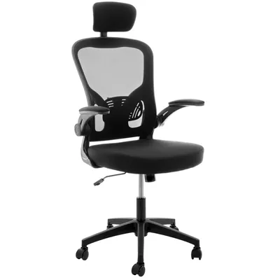 A black ergonomic office chair with a headrest and adjustable armrests is shown against a white background.