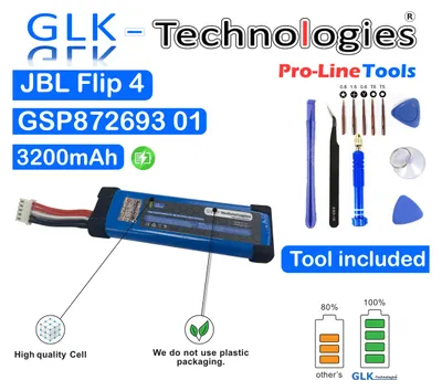A product image showing a battery for a JBL Flip 4 speaker, along with included tools and marketing text.