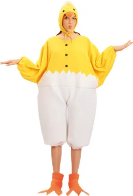 A person wearing a yellow and white chicken costume with orange feet.