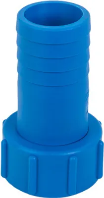 A blue plastic adapter with a threaded base and a ribbed hose connection.