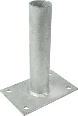 A metal pole holder with a base plate, shown against a white background.