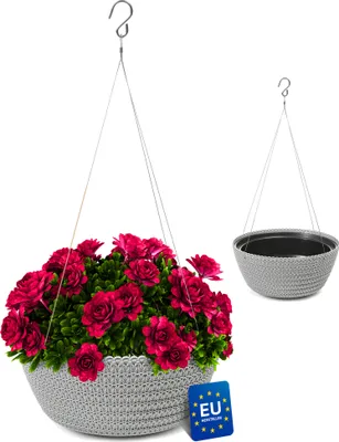 Produktbild von KONZEPT Blumenampel Hängend für Innen und Außen, Durchmesser: 30 cm, Hängetopf für Pflanzen in Grau, geflochtenes Muster
