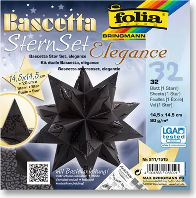 Produktbild von folia Bastelset Bascetta Stern Ø20cm 90g/m² schwarz 14,5x14,5cm 32 Blatt