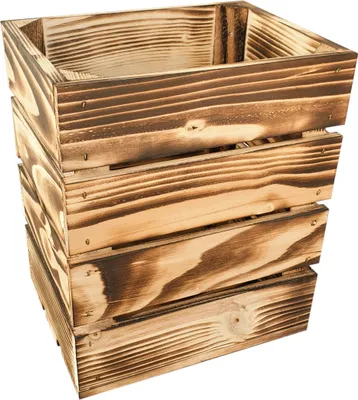 A wooden crate with a burnt wood finish.