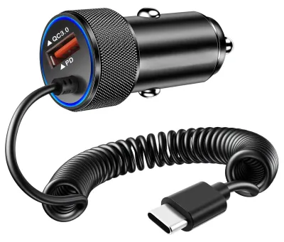 Autolader 38 W, 3,4 A, USB-C + USB-A, 1,2 m Spiralkabel