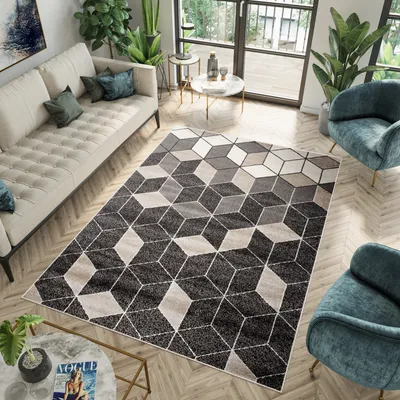 Produktbild von Teppich Wohnzimmer Schlafzimmer Kurzflor Modern Design Schwarz Creme Grau Schwarz Viereck Kubus Geometrisch 80 x 150 cm