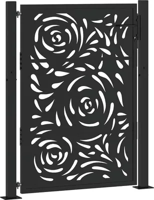 A black metal garden gate with a decorative floral pattern.
