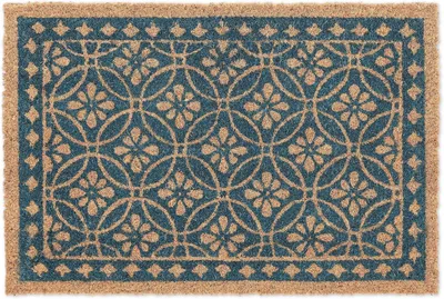 Imagen del producto de Alfombra floral - Alfombra de coco con estampado floral - Para interior y exterior - Base antideslizante - 60 x 40 cm - Azul - Natural