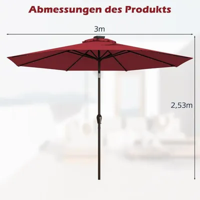 Produktbild von LED Beleuchtung Ampelschirm rund Sonnenschirm Solarbetrieben Gartenschirm Kurbel-rot-ø 3M