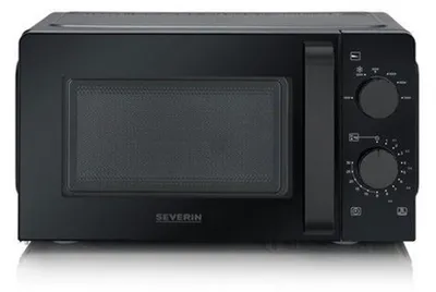 A black SEVERIN microwave is shown from the front on a white and gray surface.