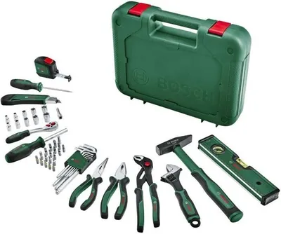 Zdjęcie produktu dla Zestaw narzędzi ręcznych Bosch Advanced, 52 części, Zestaw z Pincetami, Grzechotką i Śrubokrętami, Walizka z tworzywa sztucznego