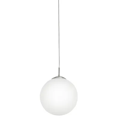 A white globe pendant light hanging from a silver cord against a white background.