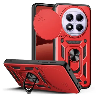 A red and black phone case with a camera cover and a ring stand is shown from multiple angles against a white background.