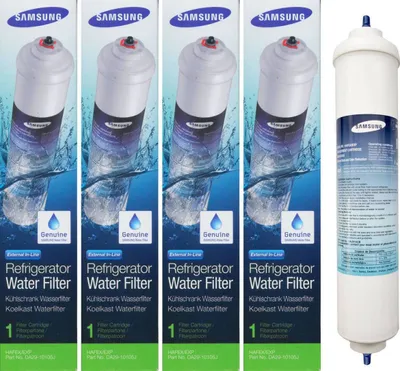 Four boxes of Samsung refrigerator water filters are shown next to a single filter.
