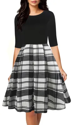 Produktbild von oxiuly Damen Vintage Halbarm ohals Kontrast beiläufige Taschen-Partei-Kleid Ox25