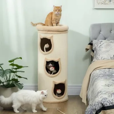 Produktbild von Katzenkratzfass 38x38x96cm 4 Ebenen Katzenturm Mit Waschbarem Bett 3 Schlafhoehlen Haengespielzeug Fuer Mehrere Katzen Grau