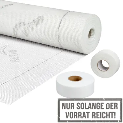 Produktbild von HEXIM Trockenbau, 50m Armierungsgewebe 160g/m², selbstklebendes Gewebeband 50mm, Fugendeckstreifen 50mm