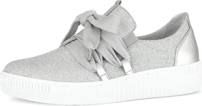 A single silver sneaker with a bow detail is shown against a white background.