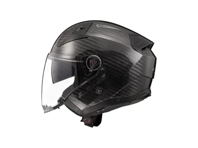A black carbon fiber pattern helmet with a clear visor, shown on a white background.