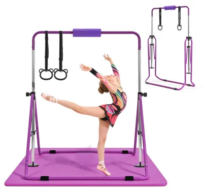 Produktbild von SucceBuy Gymnastikstange fš¹r Kinder mit 63,5 kg Belastbarkeit, Klappbares Turnreck mit Matte, H?henverstellbare Turnstange fš¹r Indoor- und Outdoor-š¹bungen, Heimtrainingsger?t fš¹r Kinderturnen, Lila