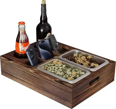 Produktbild von Bankbar, Bankbar aus Holz, Snackbox mit zwei Snackschalen, Bankbar mit Organizer, Flaschenhalter, Snackbar, Banktablett, Retro-Stil