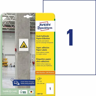 Obrázek produktu pro Avery L7877-20, Bílá, Obdélník, Permanentní, Papír, 1 kusů, 20 listy