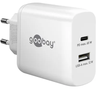 Image de Goobay 65410 USB-C™ PD GaN chargeur rapide double (65 W) blanc, blanc - 1x port USB-C™ (Power Delivery) et 1x port USB-A