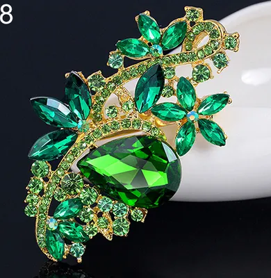 Produktbild von Wassertropfen-Blumen-Brosche, Strass-Kristall-Broschen, Blumenstrauß, Hochzeitsschmuck-Gold + Grün