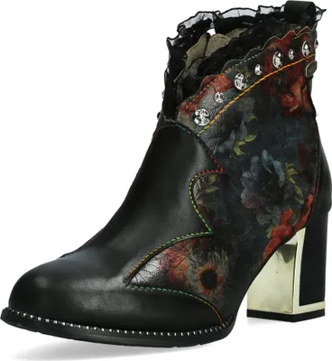 Produktbild von Laura Vita Damen Stiefelette Leder mit Blumenmuster und Nieten Kacio 02, Größe:37 EU, Farbe:Schwarz