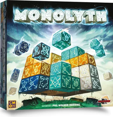 The image shows the box of the board game Monolyth, with a 3D representation of the game's components on the front.