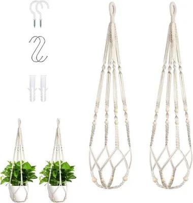 Image de Suspension pour plantes en macramé de 35 pouces avec perles en bois, blanc, lot de 2