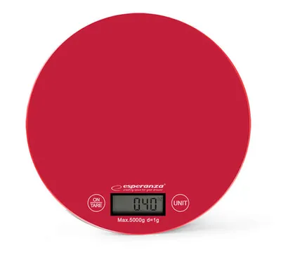 A red digital kitchen scale with its display showing '0.40'.