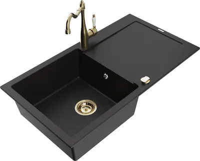 Produktbild von Mexen Leo 1 Becken-Granitspüle mit Abtropffläche und Mischbatterie Carla, Schwarz - 6501-77-670700-50