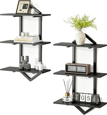 Wandregal-Set 2er-Pack, 3-stufig, schwebend, Holz, Schwarz
