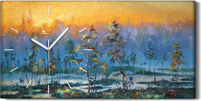 Produktbild von Leinwand Wanduhr Wandkunst Uhr 60x30 Gemälde Kunst Wald Bäume Sonnenuntergang - weiße Hände