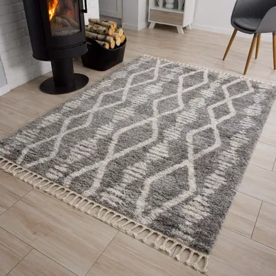 Produktbild von Teppich Wohnzimmer Schlafzimmer Grau Creme Hochflor Langflor Fransen Boho Ethno 120 x 170 cm