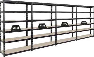 Produktbild von Mega Deal | 4x Schwerlastregal Giant Tiger | HxBxT 200x120x40cm | Fachlast 265kg | 6-Ebenen | Schwarz | Garagenregal, Lagerregal, Steckregal, Kellerregal, Werkstattregal