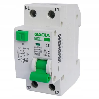 Image de Disjoncteur différentiel GACIA avec protection contre les surintensités, 10A, 2 pôles, 30mA, type C. Disjoncteur différentiel