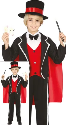 Immagine prodotto di Costume da mago classico da palcoscenico per bambini con mantello e cappello a cilindro Abbigliamento elegante Carnevale del 19° secolo, Taglia: 110/116 Colore: nero