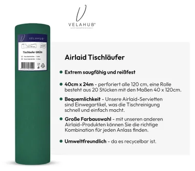 Obrázok produktu pre Stolový behúň 40 x 120 cm, 24 m rolka, zelená, airlaid, pre párty
