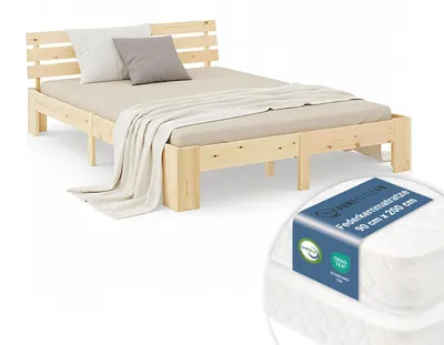 Image de Lit double en bois 180x200 avec 2 matelas à ressorts naturelle pin Cadre de lit en bois massif sommier à lattes