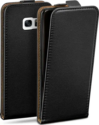 A black leather flip case for a Samsung Galaxy S7 Edge phone, shown from the back and side.